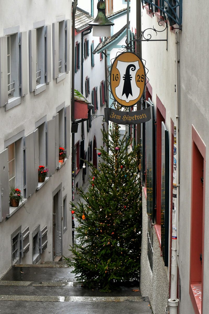 A decorated Christmas tree in a narrow lane of Kleinbasel’s old town.
