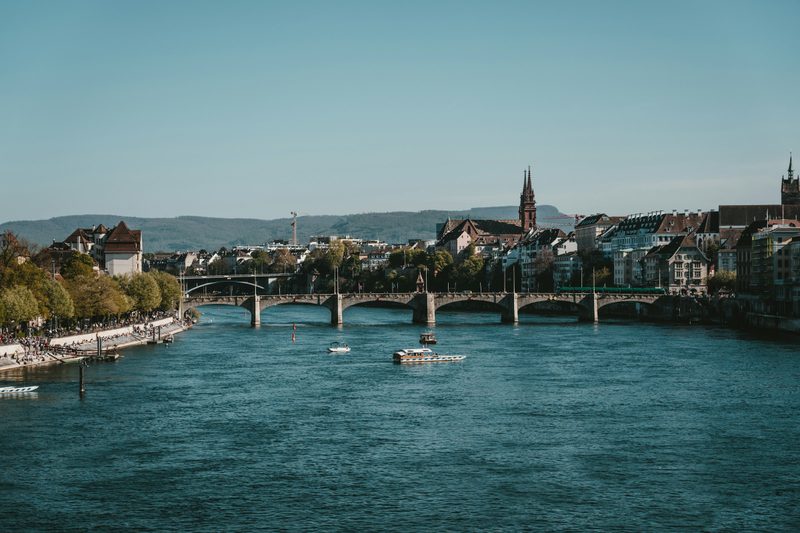The Rhine in Basel from above, with its bridges and the Münster on the far bank.