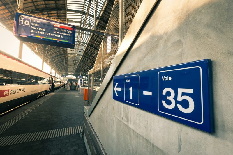 A blue platform sign “Gleis 1–35 Voie” under the historic roof of Basel SBB station, beside a waiting train.