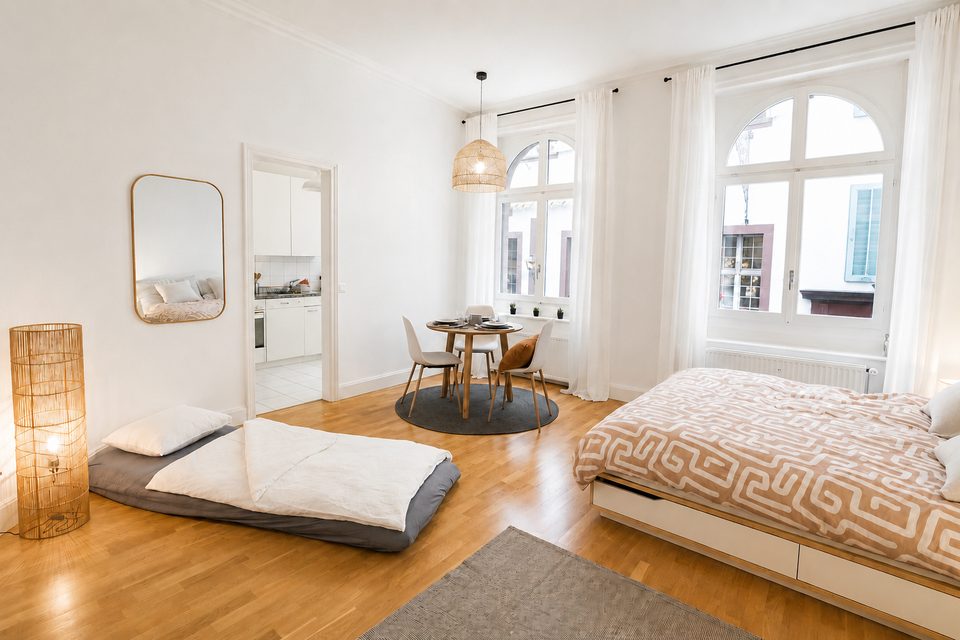 The studio with the sofa bed unfolded on the parquet floor beside the double bed and dining table.